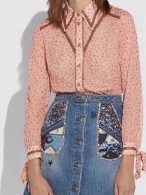 Coach Peach Printed Long Sleeve Button-Up Blouse